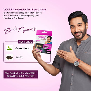 VCare Moustache and Beard color shampoo for Men Black, Natural Hair Color Dye Conditioner | No Ammonia No Paraben No PPD - 5 ml (Pack Of 10)